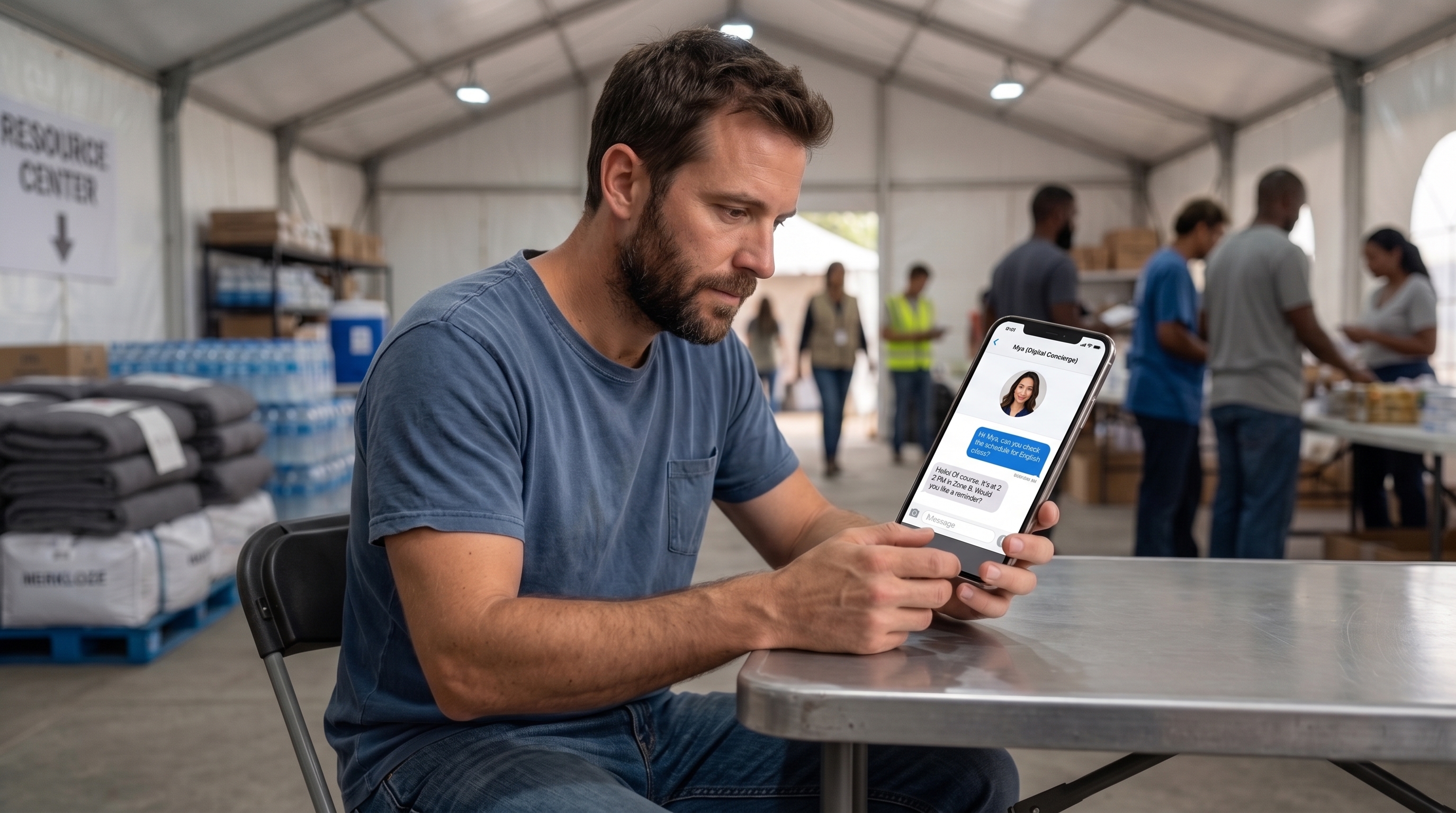 A resident uses MyaGuide Reception on his phone